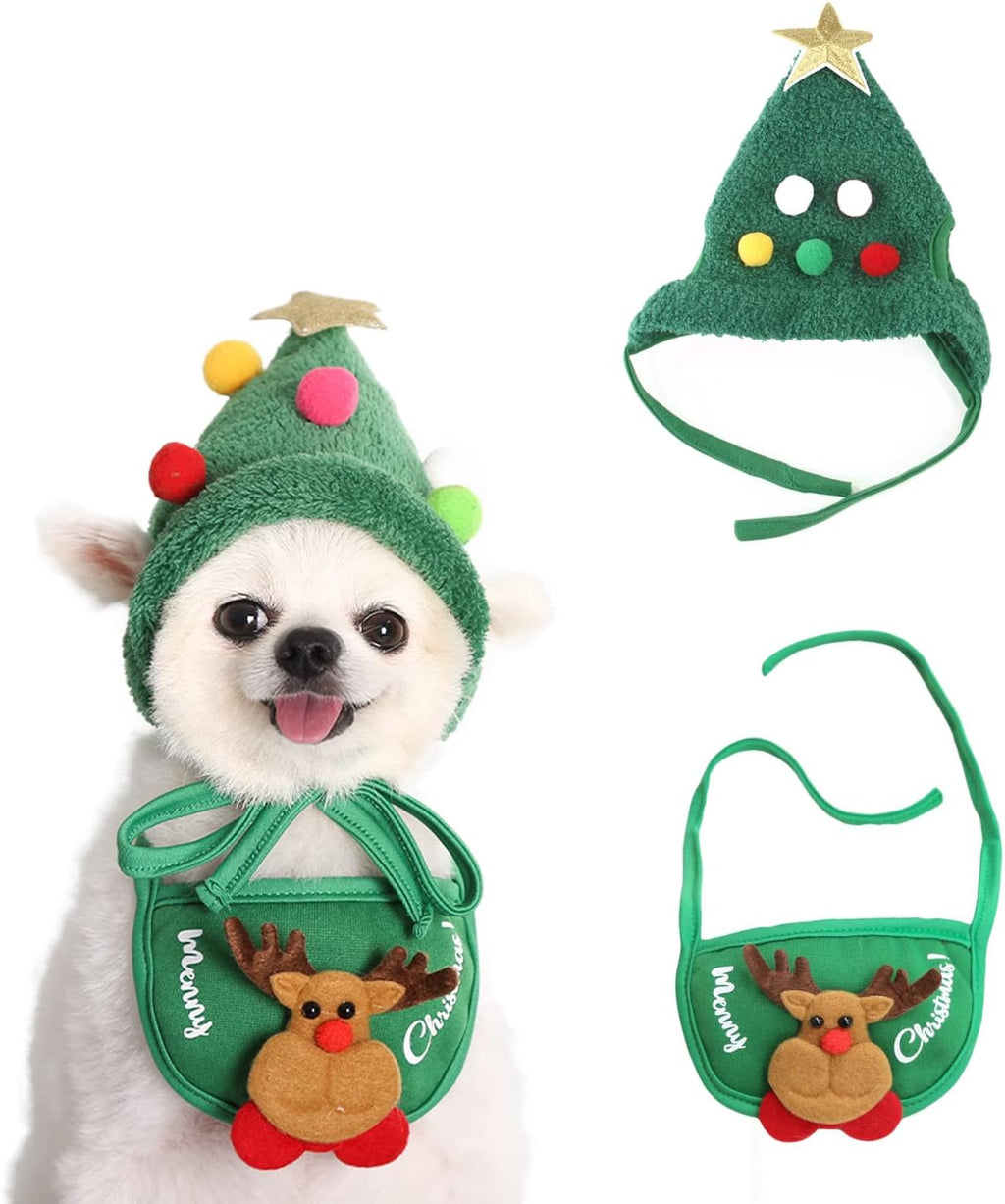2PCS Christmas Adjustable Pet Christmas Costume Set Including Reindeer Antlers Christmas Tree Headband and Pet Christmas Accessories Decoration Scarf (Green, L)