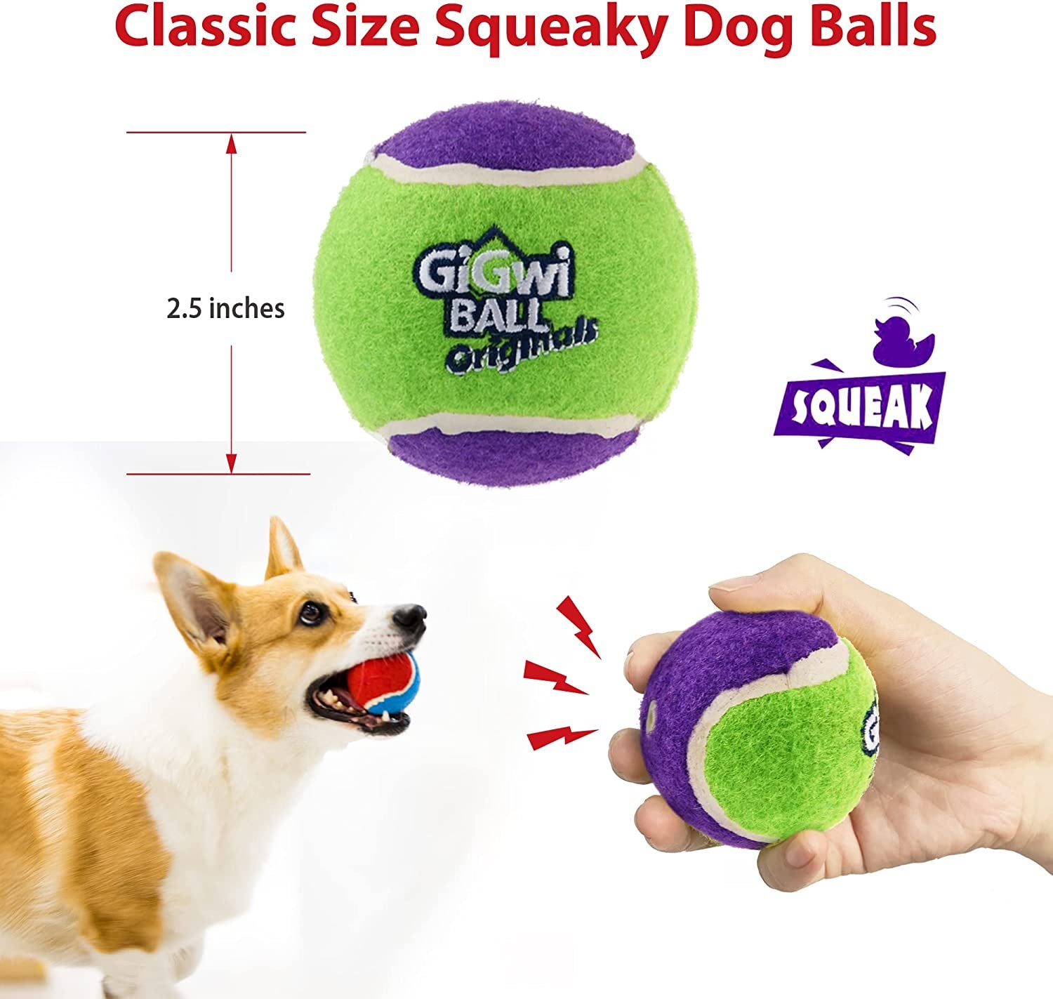 Tennis Balls for Dogs, Squeaky Dog Tennis Balls for Exercise, High Bouncy Pet Ball Bright Colors 2.5 Inches, Interactive Funny Dog Toys for All Breeds of Dogs Indoor & Outdoor Dog Games, 3 Pack