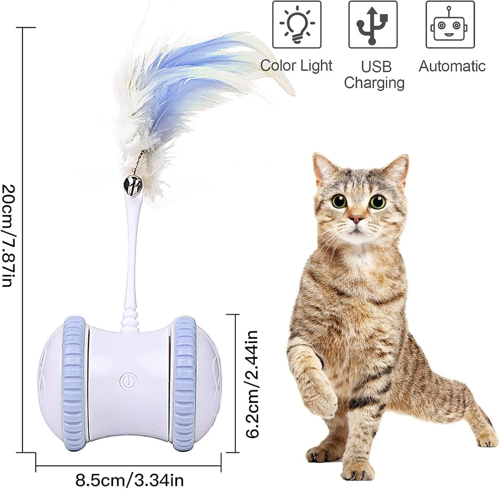 Automatic Cat Feather Toy,  Interactive Indoor Electronic Irregular 360° Rotating Ball Rotating Cat Wheel Toys with LED Light, USB Rechargeable and Feather Replaceable (Blue)