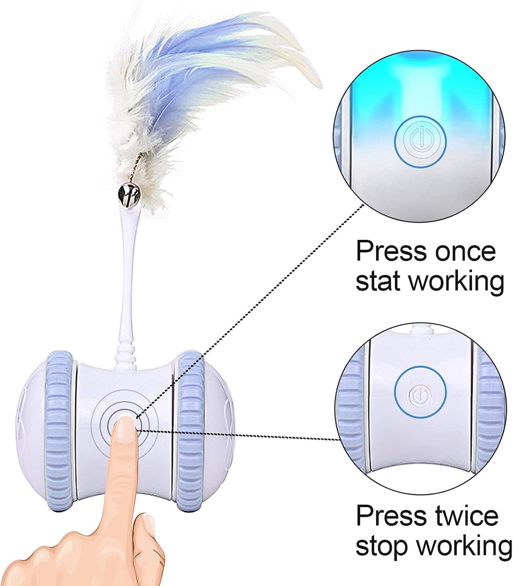 Automatic Cat Feather Toy,  Interactive Indoor Electronic Irregular 360° Rotating Ball Rotating Cat Wheel Toys with LED Light, USB Rechargeable and Feather Replaceable (Blue)