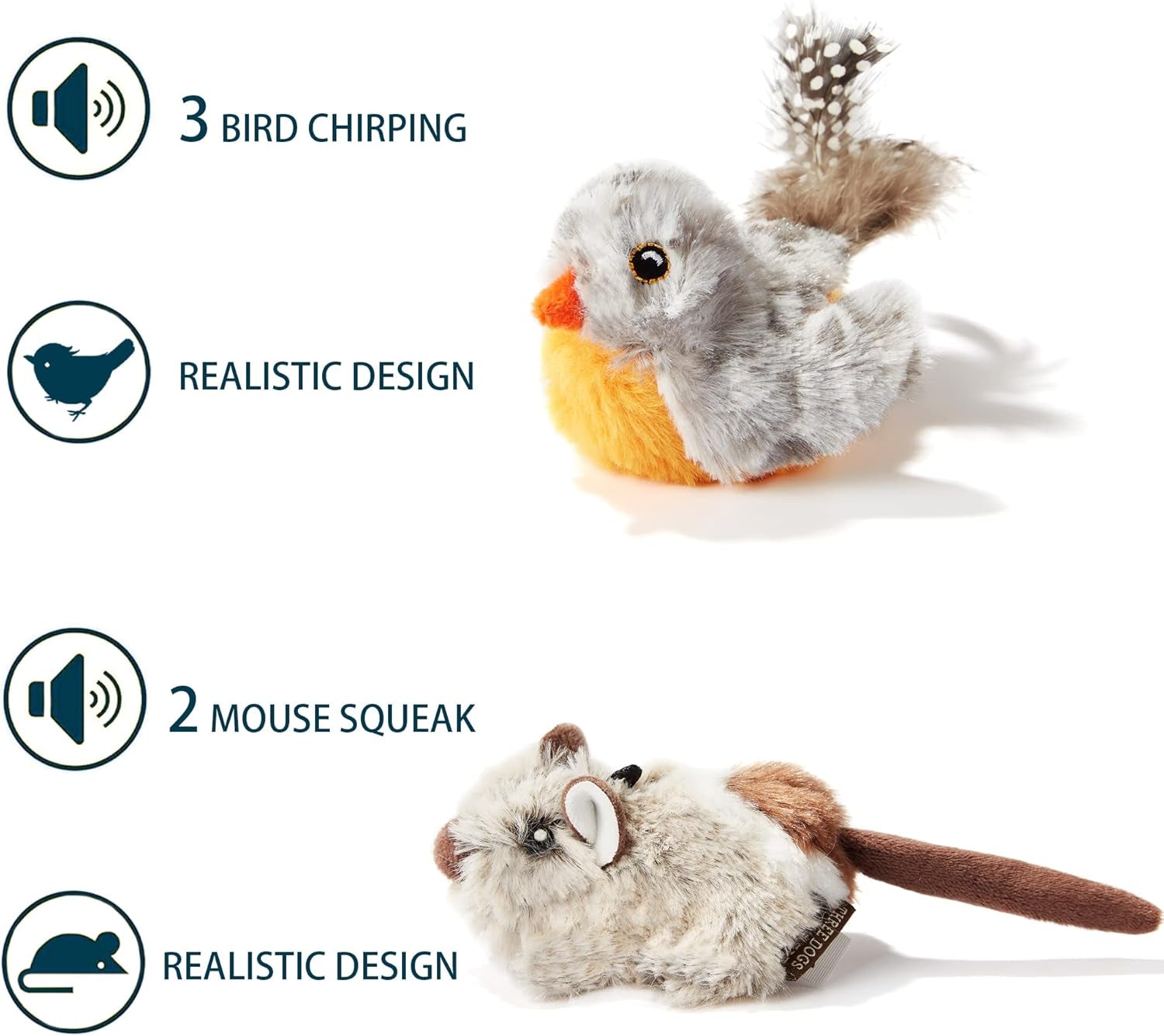 2 Pack Cat Toys Interactive for Indoor Cats Feather Squeaky Bird & Mouse Kitten Plush Toys, Three Dogs & a Cat Melody Chaser Motion Activated Kitty Toys with Bird Chirping