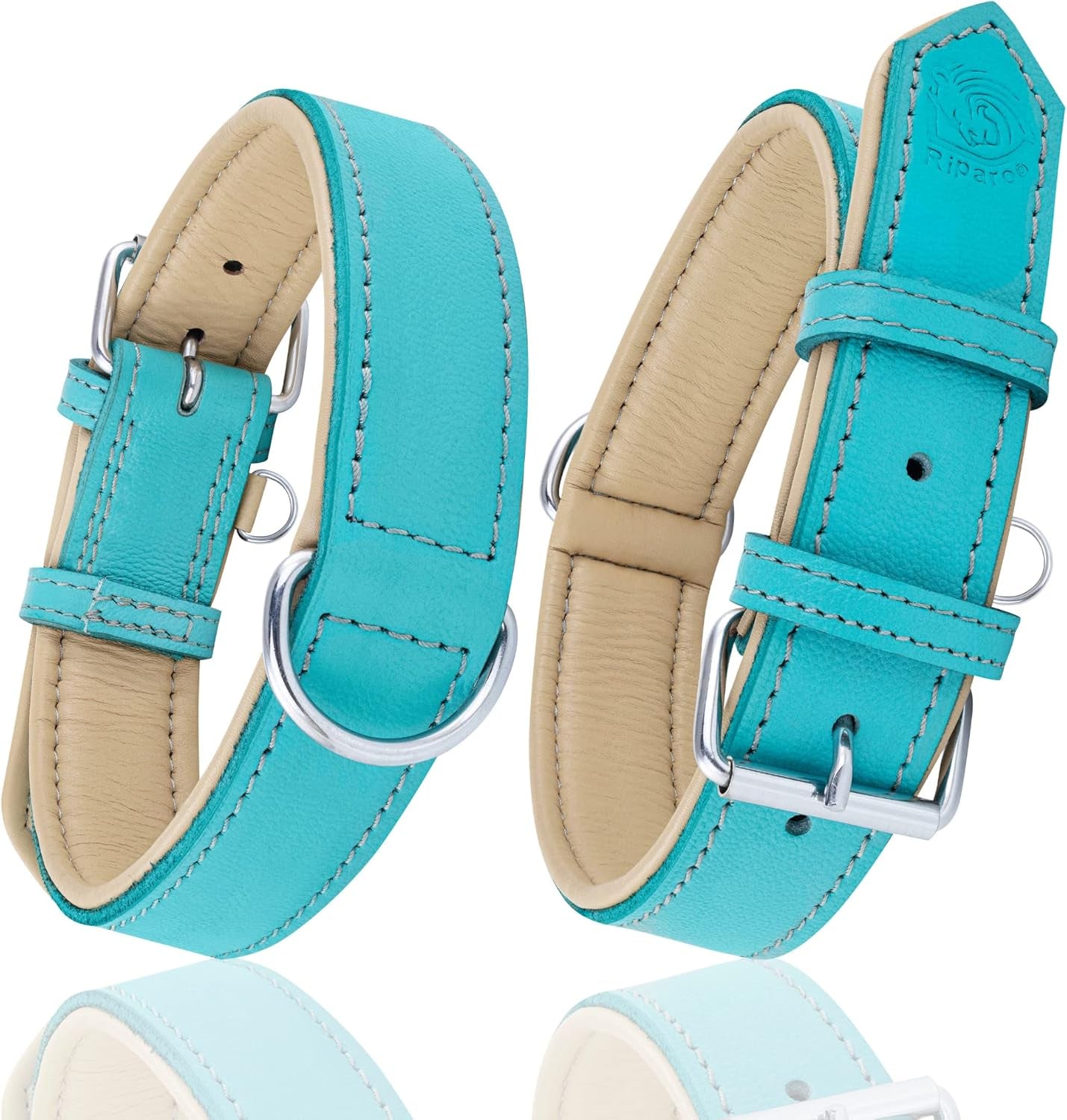 Riparo Dog Collars for Medium Dogs, Genuine Leather Dog Collar, Medium Dog Collar (M: 1" Wide for 13.5”-17.5” Neck, Aqua)