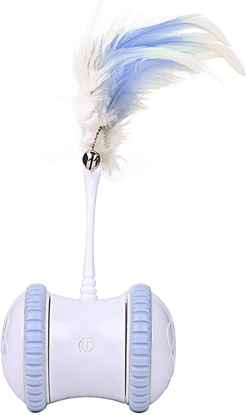Automatic Cat Feather Toy,  Interactive Indoor Electronic Irregular 360° Rotating Ball Rotating Cat Wheel Toys with LED Light, USB Rechargeable and Feather Replaceable (Blue)