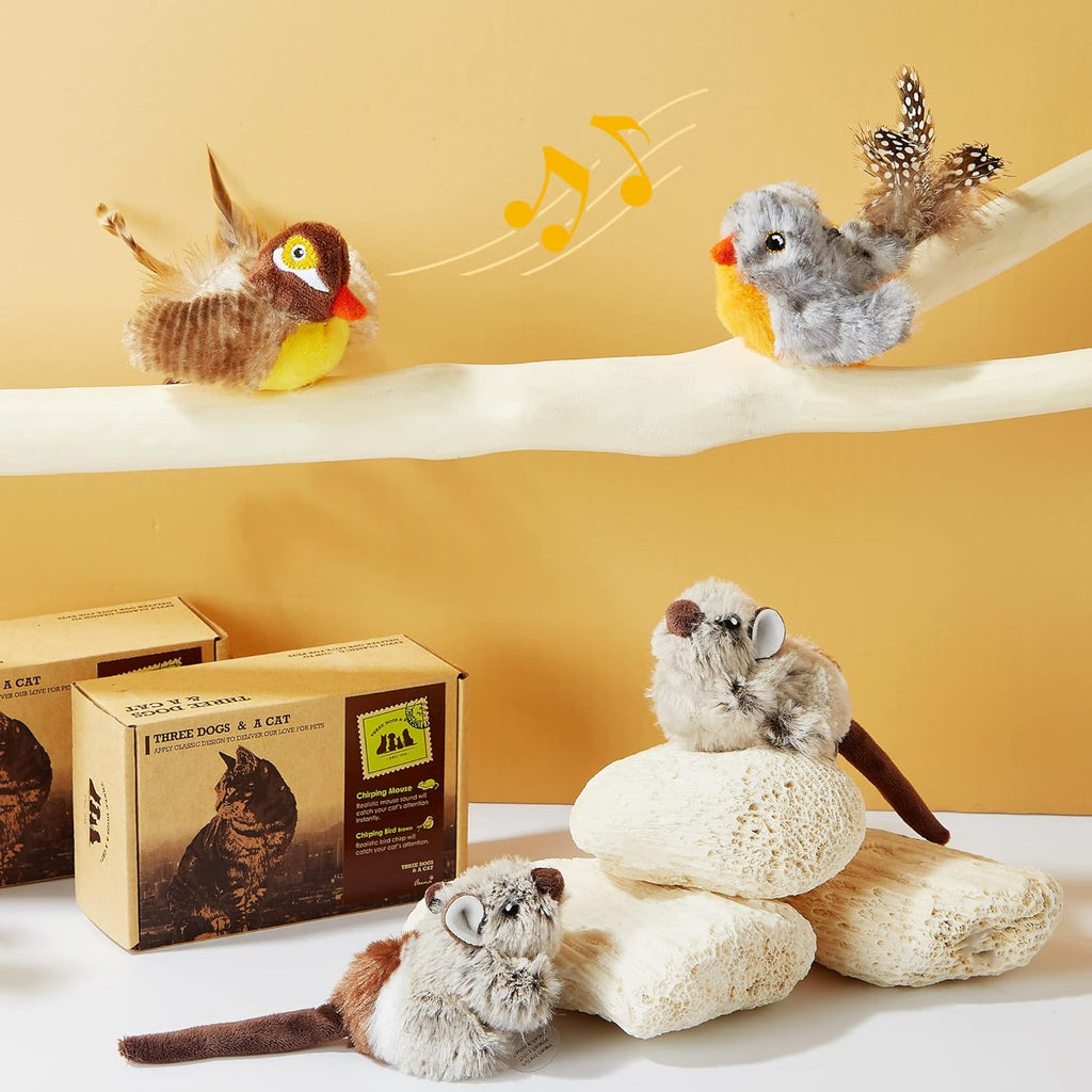 2 Pack Cat Toys Interactive for Indoor Cats Feather Squeaky Bird & Mouse Kitten Plush Toys, Three Dogs & a Cat Melody Chaser Motion Activated Kitty Toys with Bird Chirping