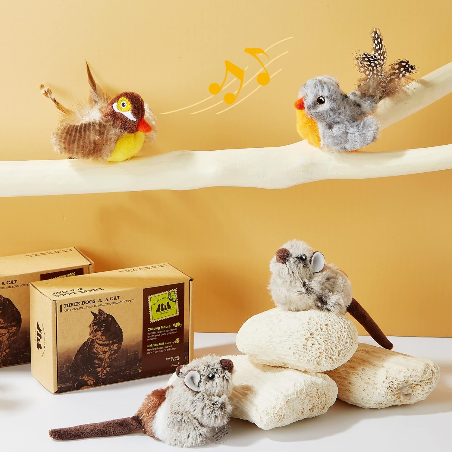 2 Pack Cat Toys Interactive for Indoor Cats Feather Squeaky Bird & Mouse Kitten Plush Toys, Three Dogs & a Cat Melody Chaser Motion Activated Kitty Toys with Bird Chirping