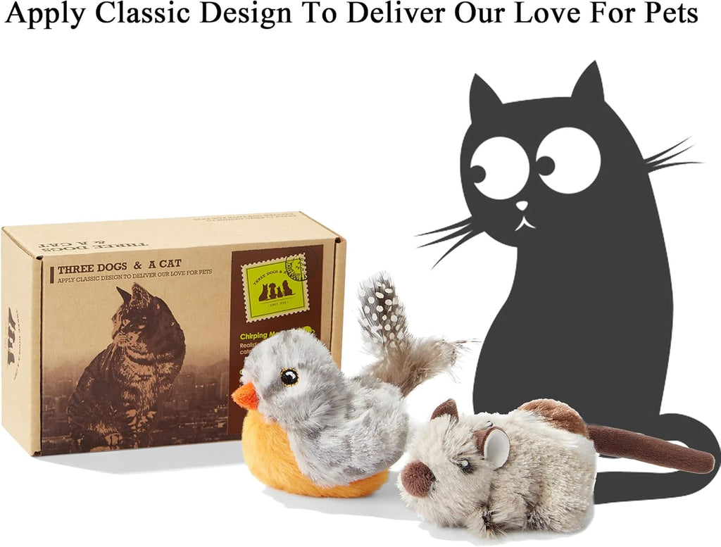 2 Pack Cat Toys Interactive for Indoor Cats Feather Squeaky Bird & Mouse Kitten Plush Toys, Three Dogs & a Cat Melody Chaser Motion Activated Kitty Toys with Bird Chirping