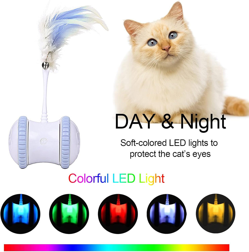 Automatic Cat Feather Toy,  Interactive Indoor Electronic Irregular 360° Rotating Ball Rotating Cat Wheel Toys with LED Light, USB Rechargeable and Feather Replaceable (Blue)