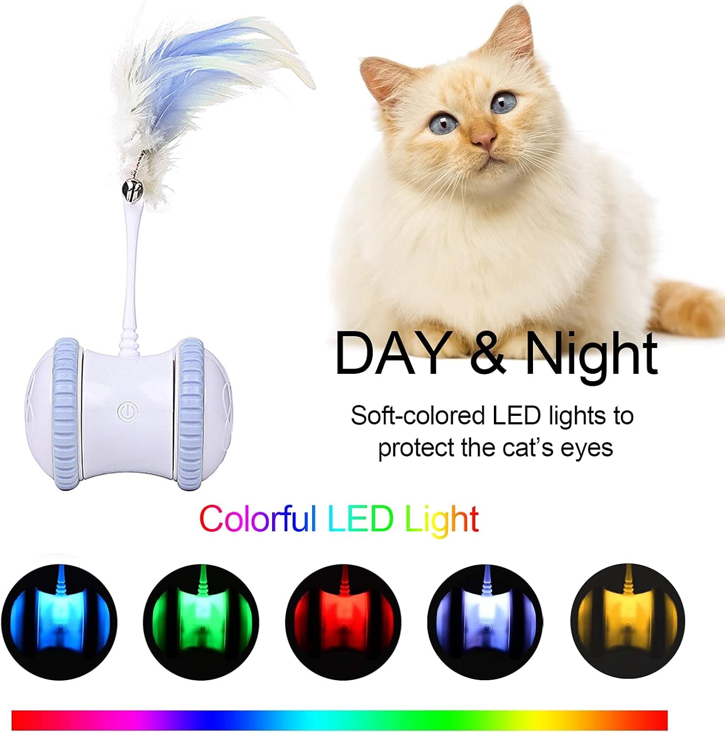 Automatic Cat Feather Toy,  Interactive Indoor Electronic Irregular 360° Rotating Ball Rotating Cat Wheel Toys with LED Light, USB Rechargeable and Feather Replaceable (Blue)