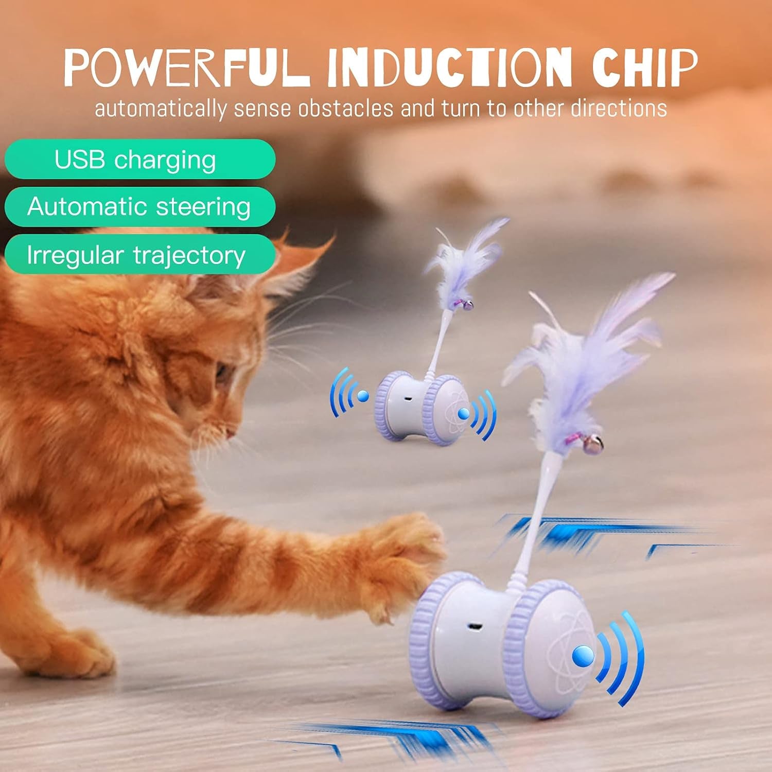 Automatic Cat Feather Toy,  Interactive Indoor Electronic Irregular 360° Rotating Ball Rotating Cat Wheel Toys with LED Light, USB Rechargeable and Feather Replaceable (Blue)